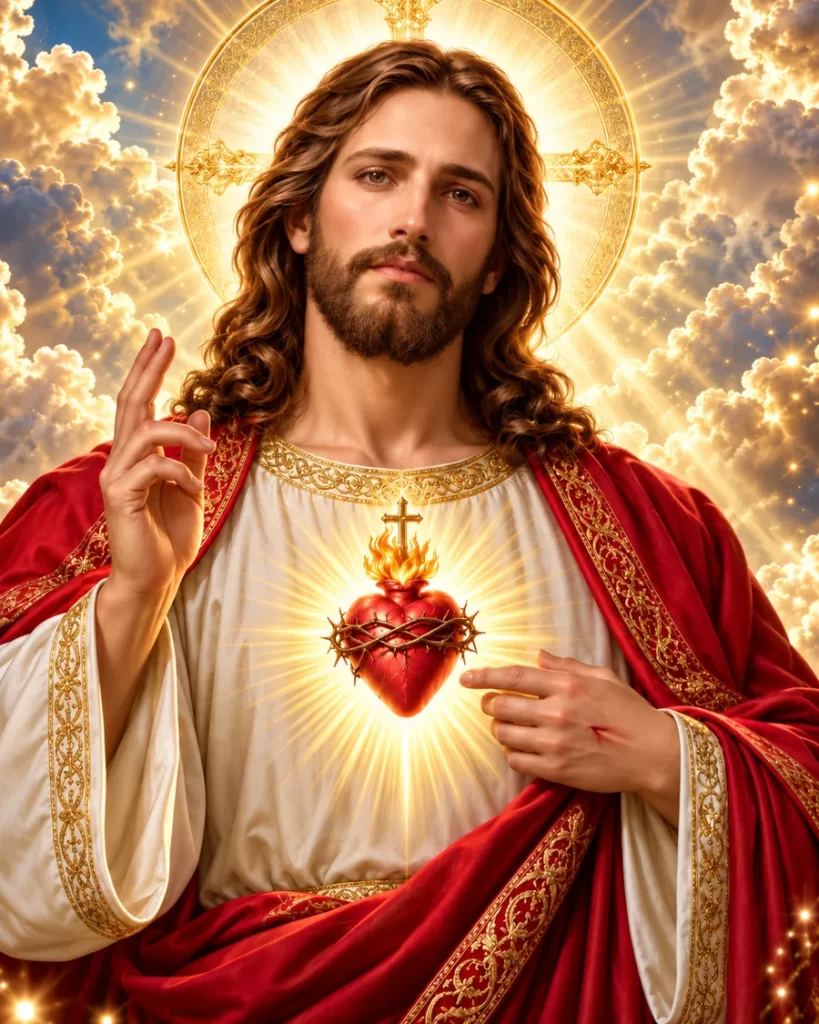 Jesucristo con el Sagrado Corazón rodeado de luz