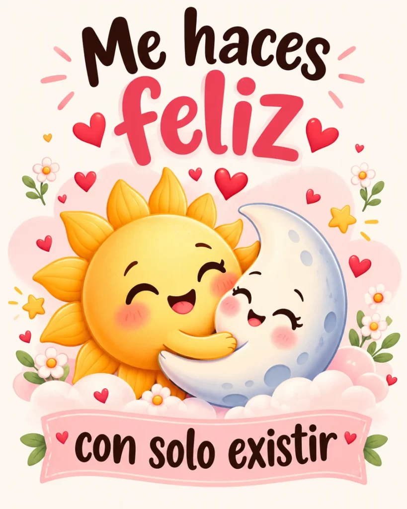 Imagen tierna de un sol y una luna abrazados entre nubes, flores y corazones, con la frase Me haces feliz con solo existir.