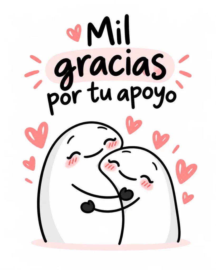 Imagen de agradecimiento con dos personajes blancos abrazados, corazones rosas y la frase Mil gracias por tu apoyo.