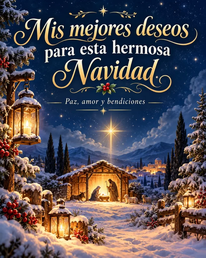 Nacimiento de Jesús en un pesebre iluminado bajo un cielo estrellado y paisaje nevado, con una dedicatoria navideña de paz, amor y bendiciones.