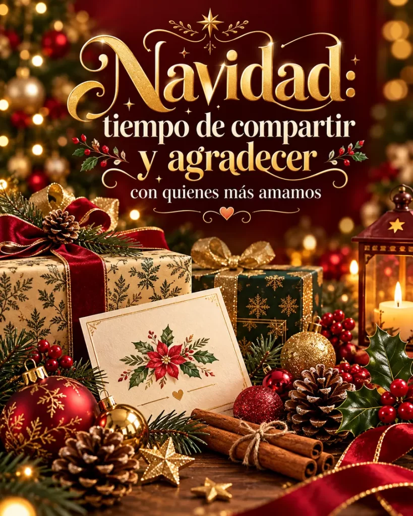 Regalos navideños elegantes con lazos rojos y dorados, esferas, piñas, ramas verdes y una vela, acompañados de un mensaje sobre compartir y agradecer.