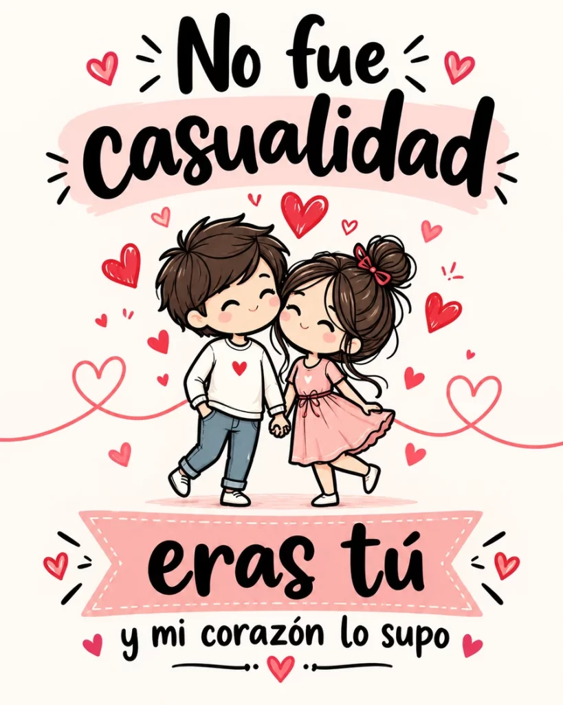 Imagen romántica para dedicar con una pareja de enamorados tomados de la mano, corazones rosas y la frase No fue casualidad, eras tú.