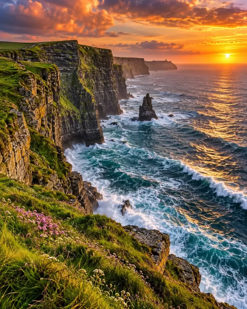 Acantilados verdes junto al océano, con olas rompiendo en las rocas y un cielo de atardecer naranja.