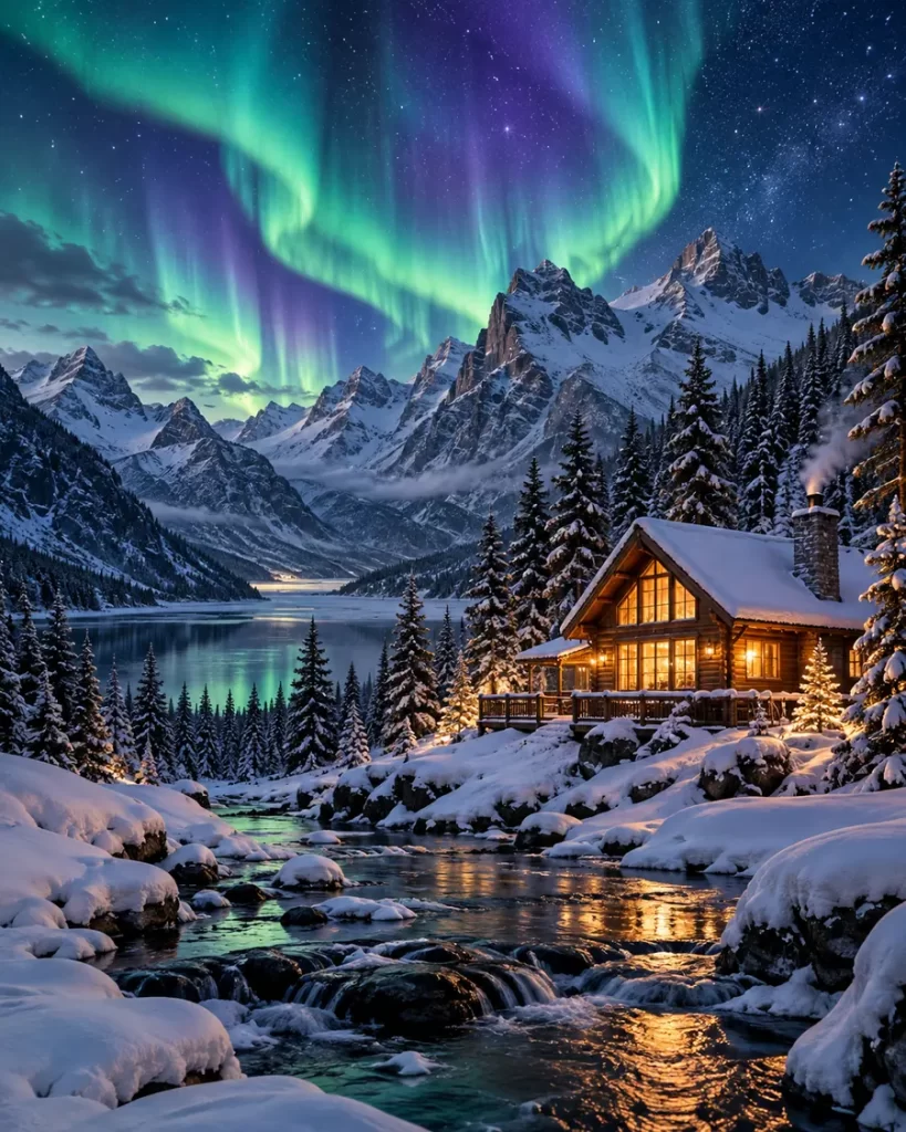 Aurora boreal verde y violeta sobre montañas nevadas, un lago y una cabaña de madera iluminada en la noche.