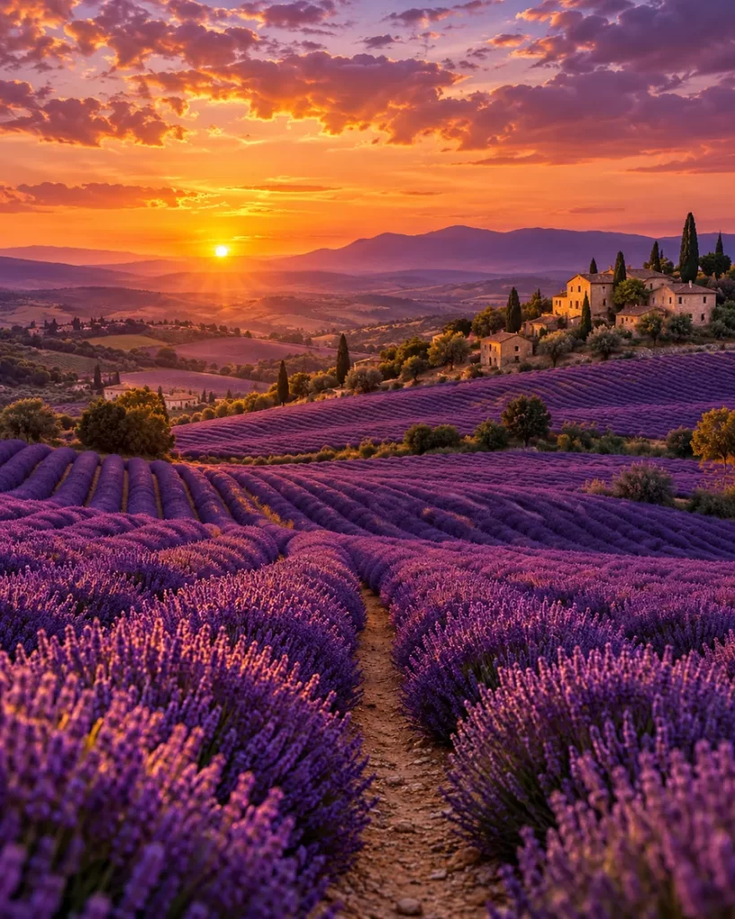 Campos morados de lavanda junto a casas de piedra y colinas iluminadas por un cielo rosado de atardecer.