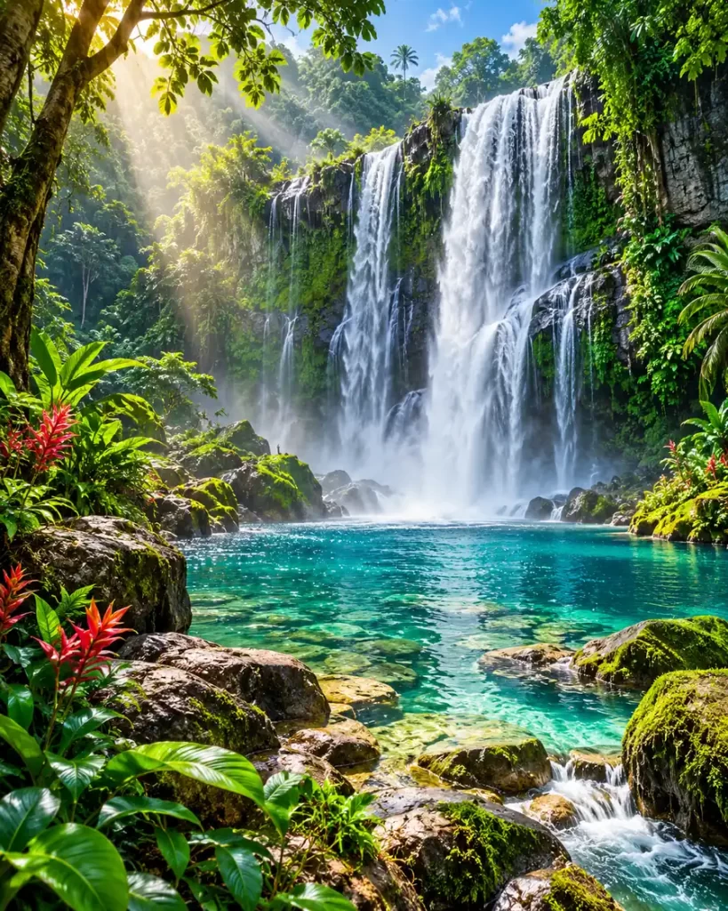 Gran cascada rodeada de vegetación tropical que desemboca en una laguna turquesa entre rocas cubiertas de musgo.