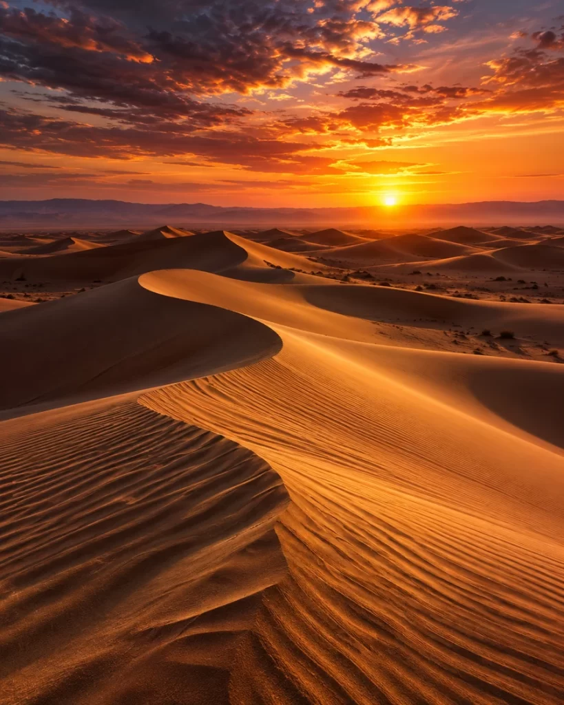 Dunas onduladas de arena dorada iluminadas por un atardecer naranja bajo un cielo lleno de nubes.