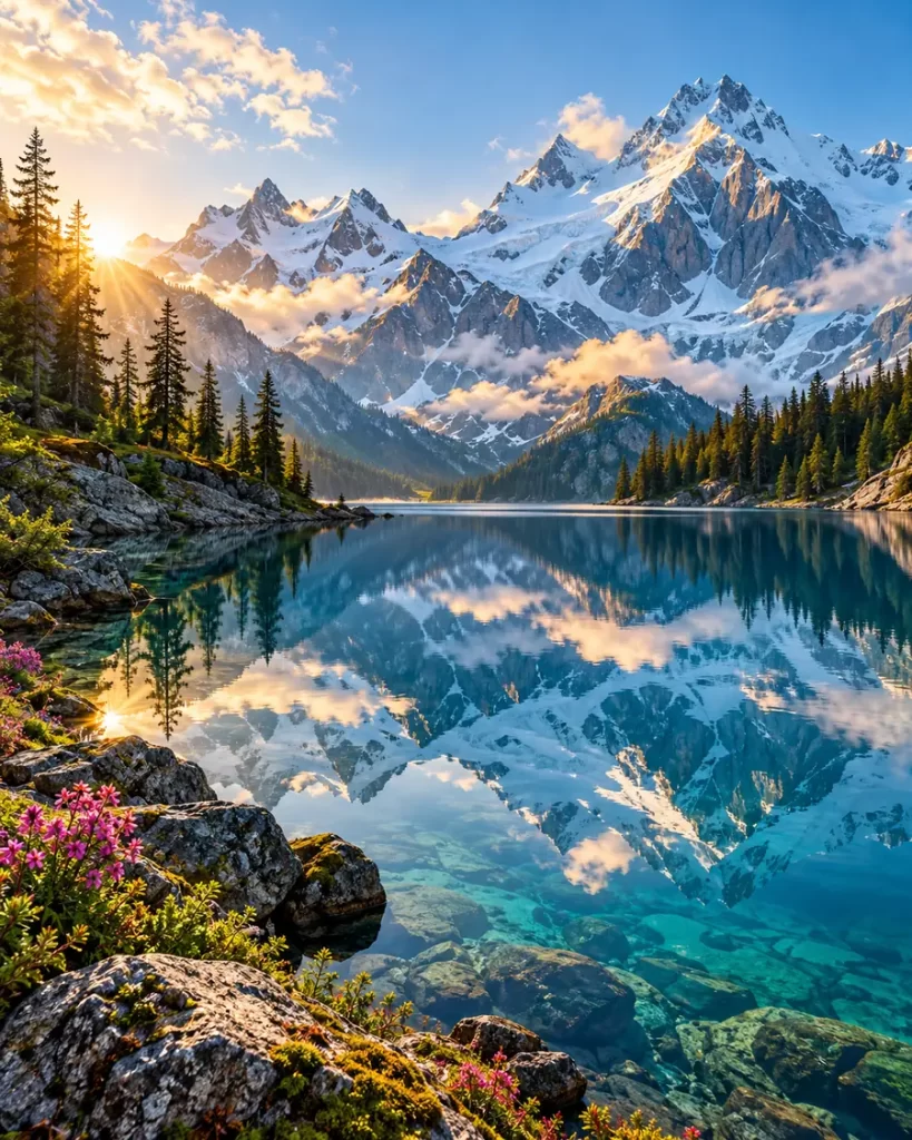 Lago cristalino que refleja montañas nevadas y bosques de pinos durante un amanecer luminoso.
