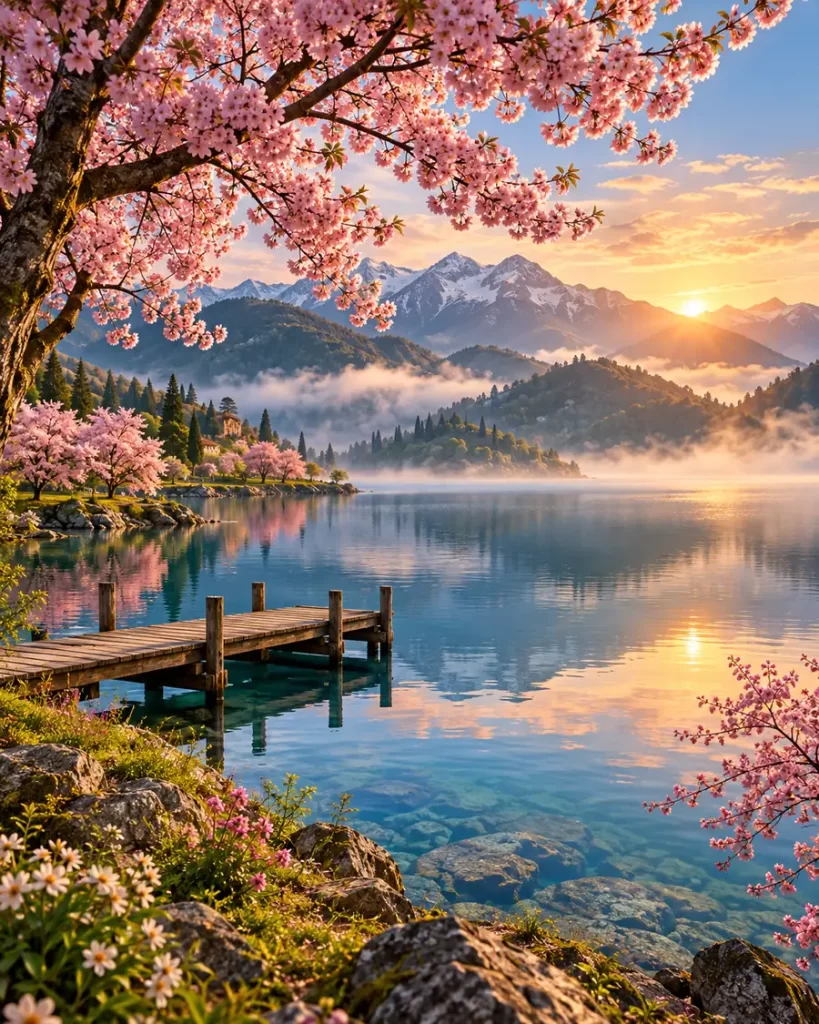 Ramas de cerezos rosados enmarcan un muelle sobre un lago tranquilo con montañas al fondo durante el amanecer.