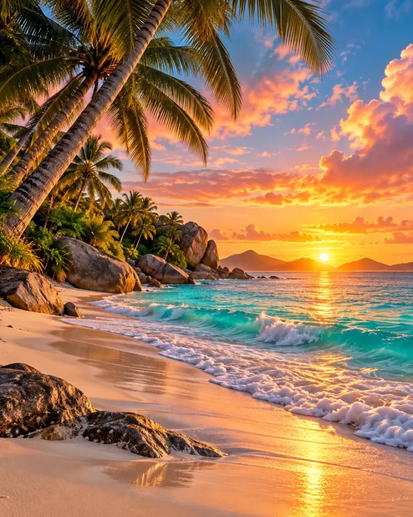 Playa tropical con palmeras, arena dorada y olas turquesas bajo un atardecer de tonos naranjas y rosados.