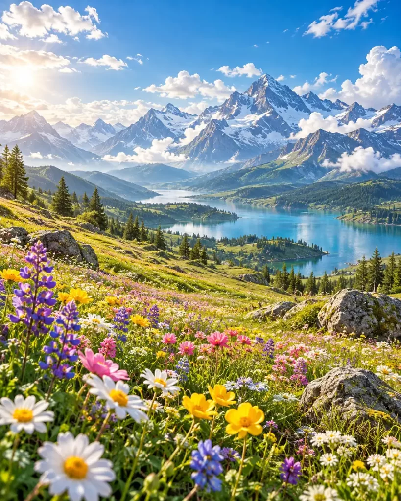 Pradera llena de flores silvestres de varios colores frente a un lago azul y montañas altas con nieve.