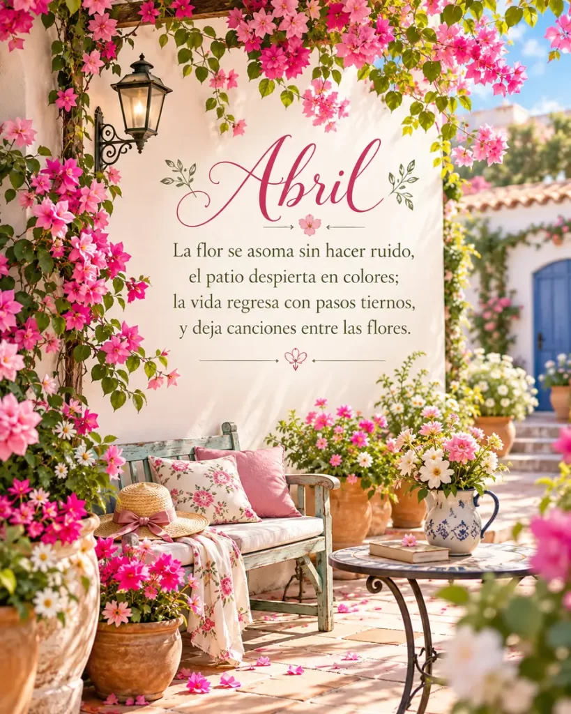 Poema de abril entre flores de primavera y un patio luminoso