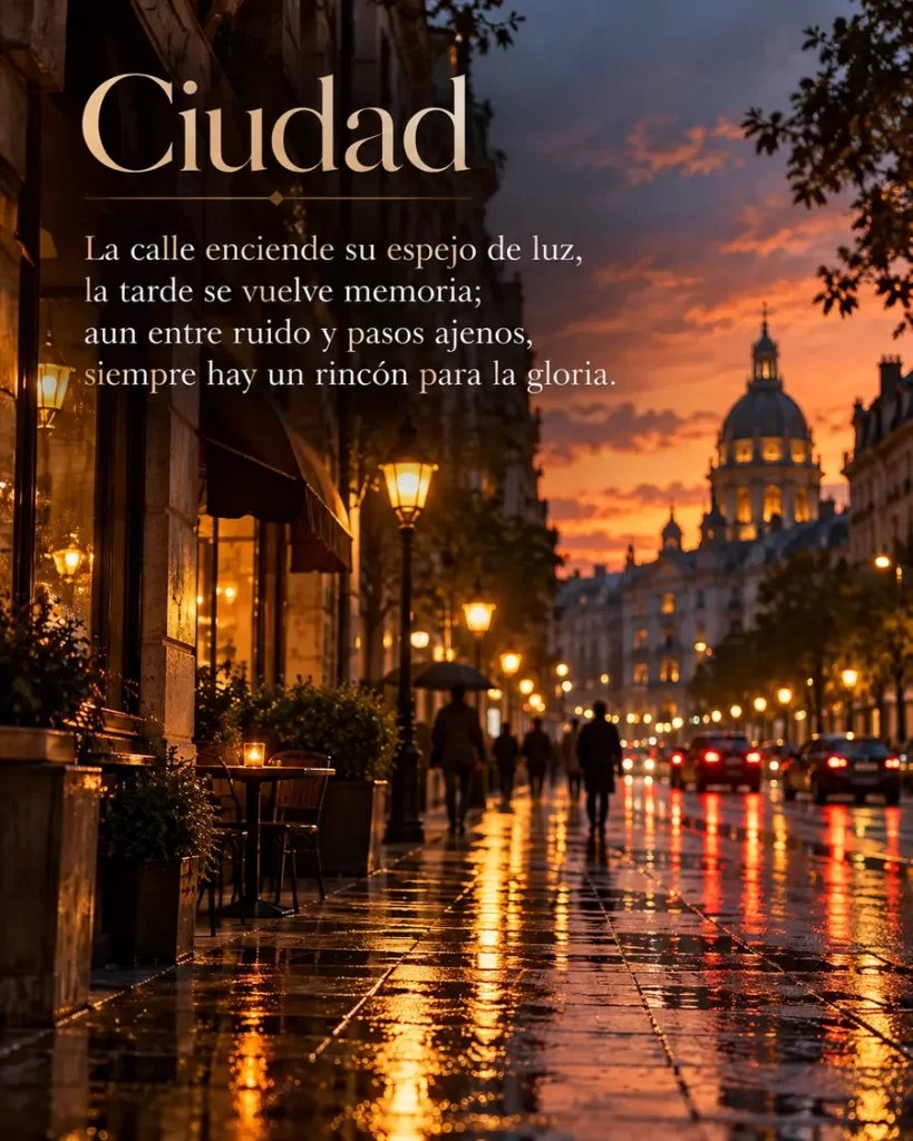 Poema original sobre una ciudad iluminada después de la lluvia