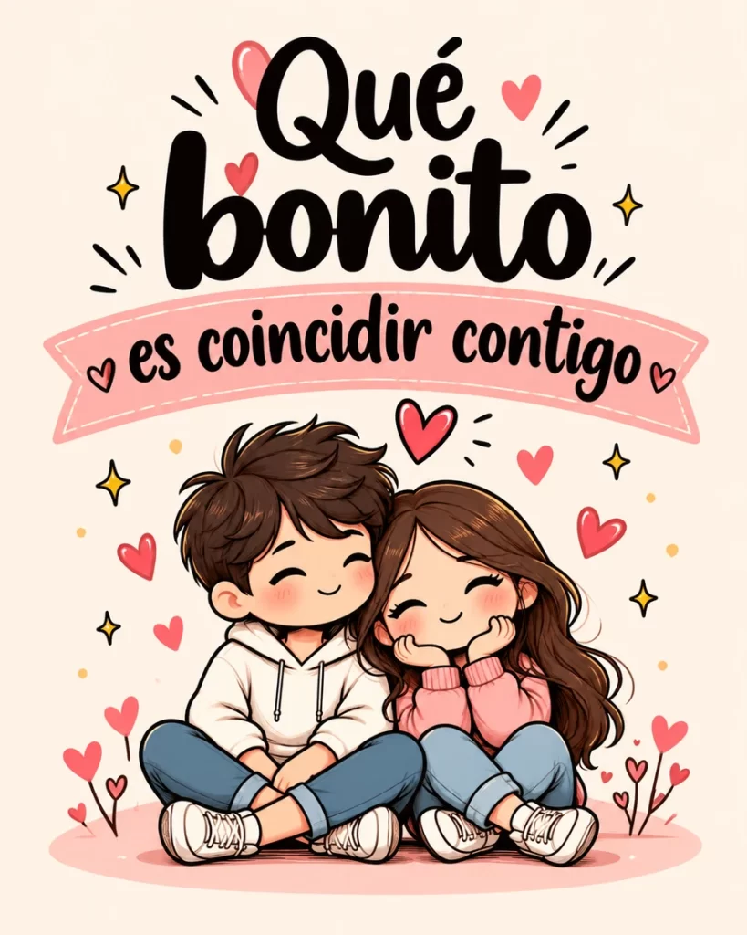 Imagen tierna de una pareja sentada y sonriente, rodeada de corazones, con la frase Qué bonito es coincidir contigo.