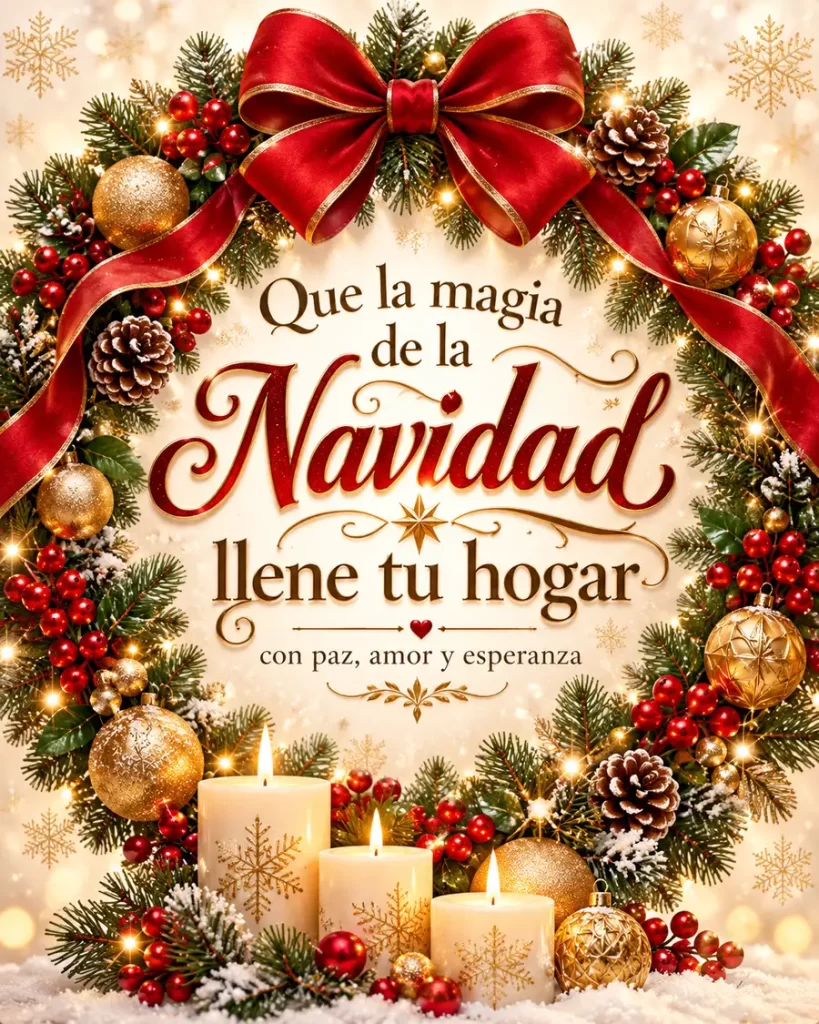 Corona navideña elegante con moño rojo, esferas doradas, piñas, ramas verdes y velas encendidas alrededor de un mensaje de paz, amor y esperanza.