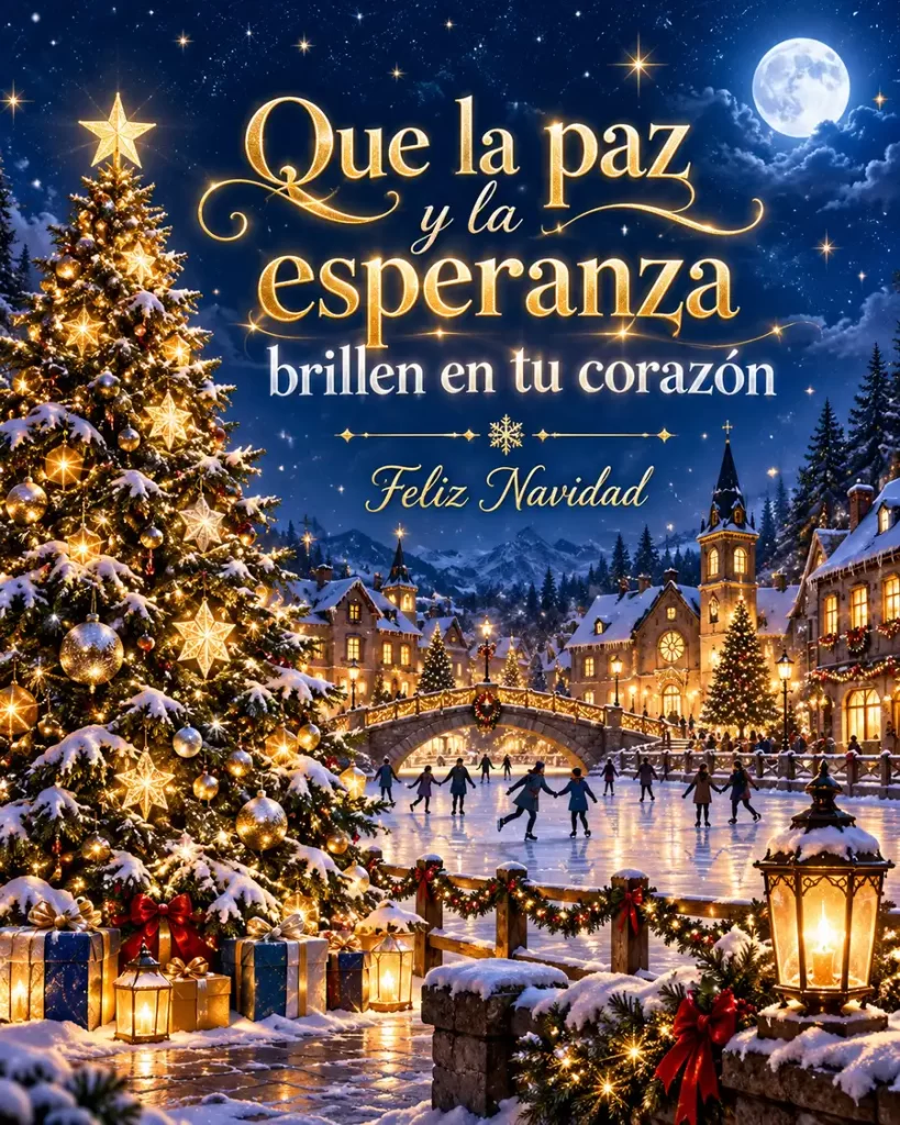 Árbol de Navidad luminoso junto a un pueblo nevado bajo un cielo azul estrellado y la luna, con una frase navideña sobre paz y esperanza.