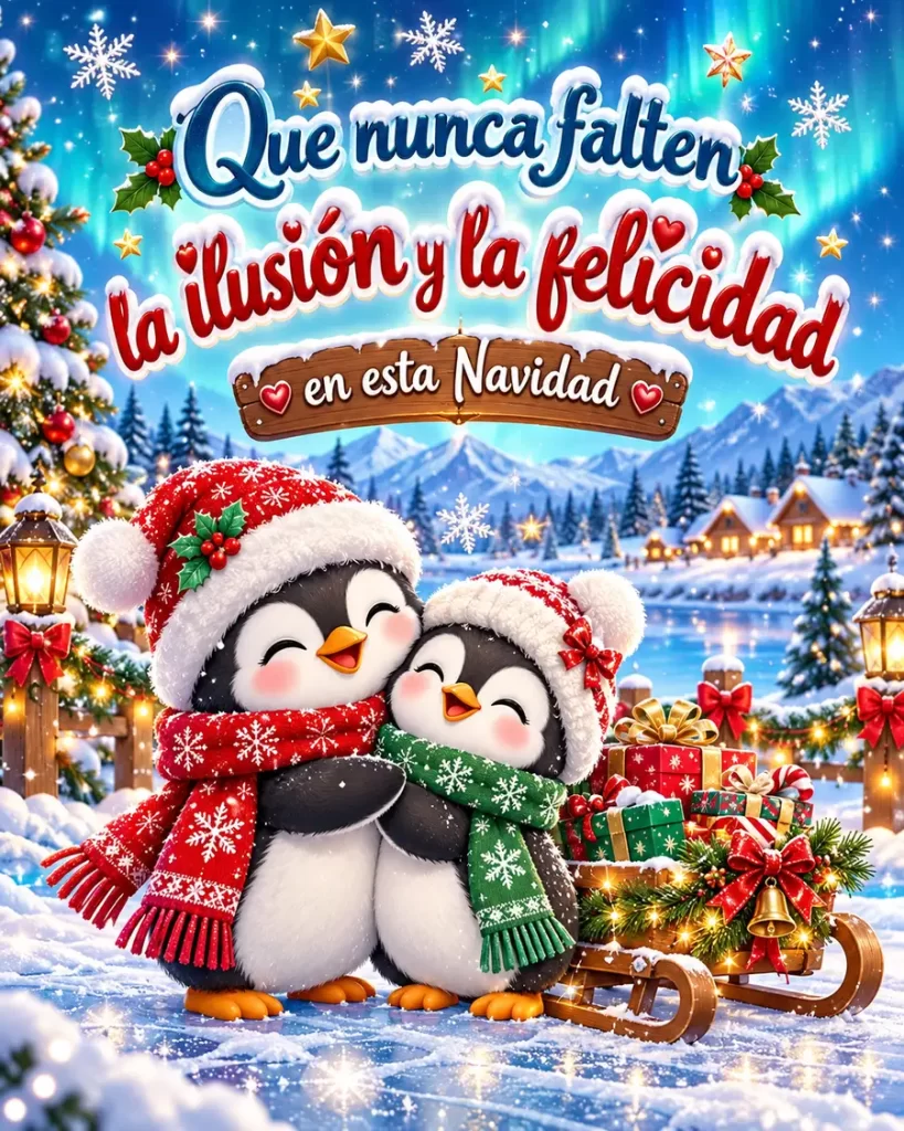 Dos pingüinos navideños abrazados con gorros y bufandas junto a un trineo de regalos, bajo un cielo invernal con una frase de ilusión y felicidad.