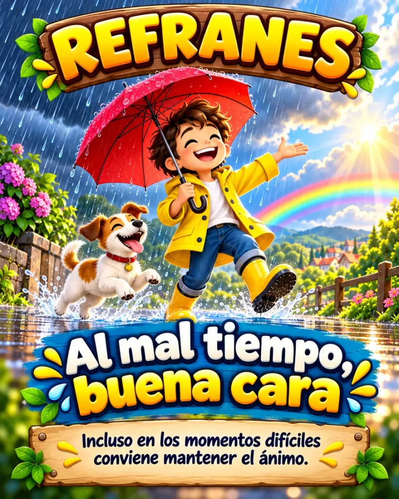 Niño y perro bajo la lluvia manteniendo una actitud positiva
