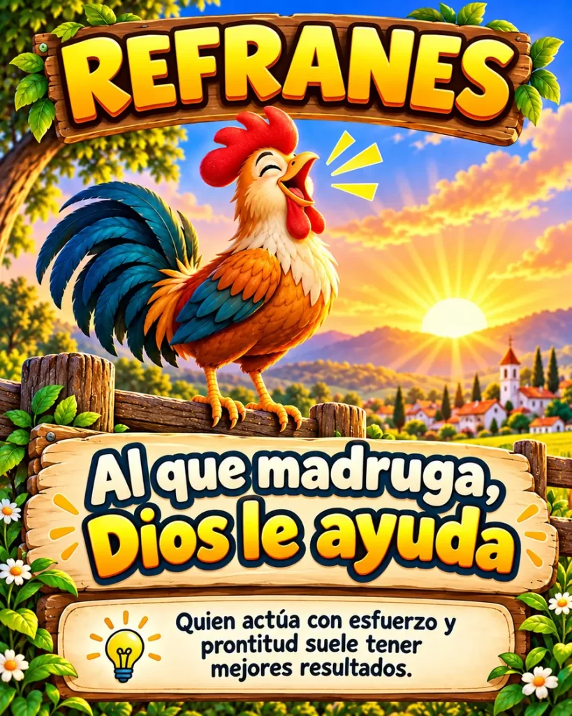 Gallo cantando al amanecer con un conocido dicho popular