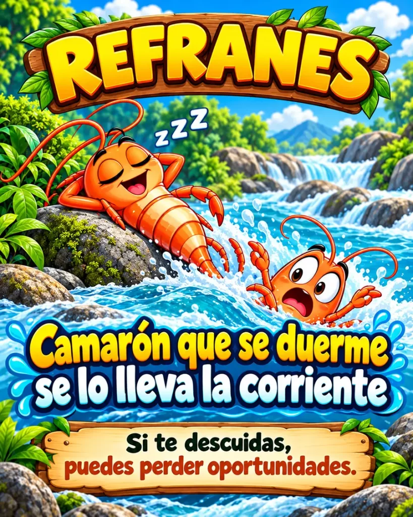 Camarón dormido en un río ilustrando un refrán sobre distracción