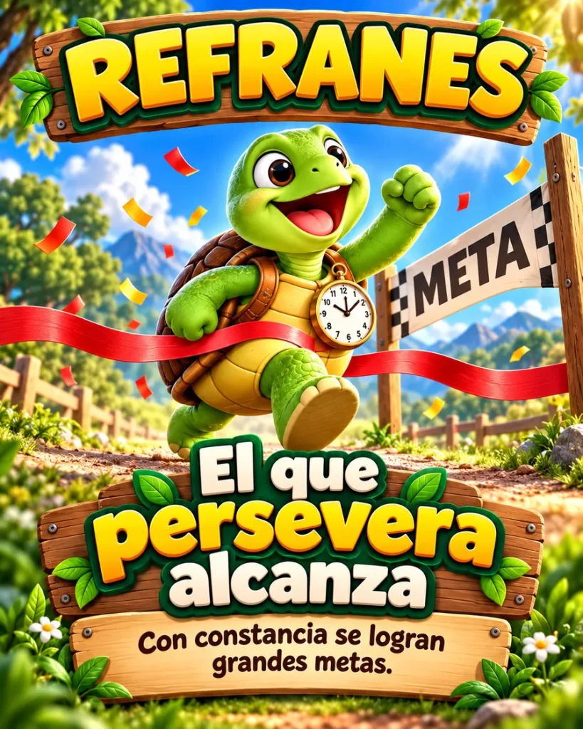 Refranes populares sobre perseverancia con tortuga llegando a la meta