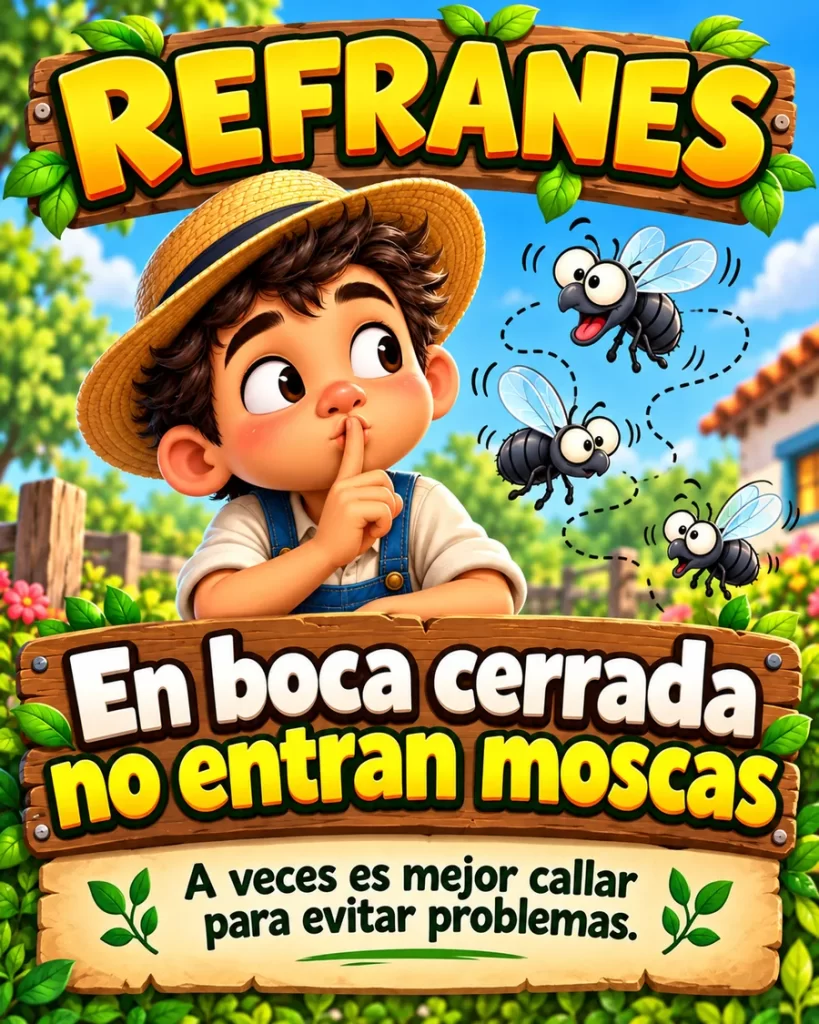 Refrán ilustrado sobre guardar silencio para evitar problemas