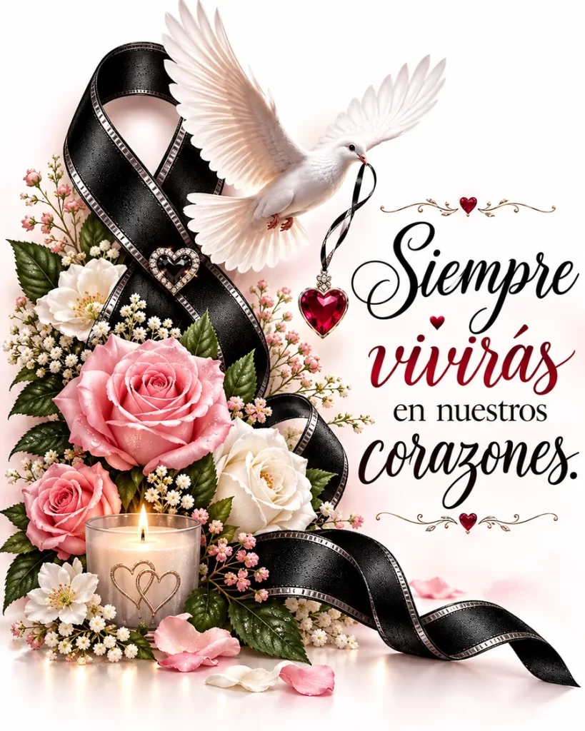 Rosas rojas y blancas, paloma, vela y frase para recordar a papá fallecido con amor toda la vida.