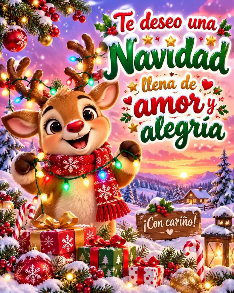 Reno navideño tierno con bufanda roja y luces multicolores rodeado de regalos y nieve, con una dedicatoria de amor y alegría para Navidad.