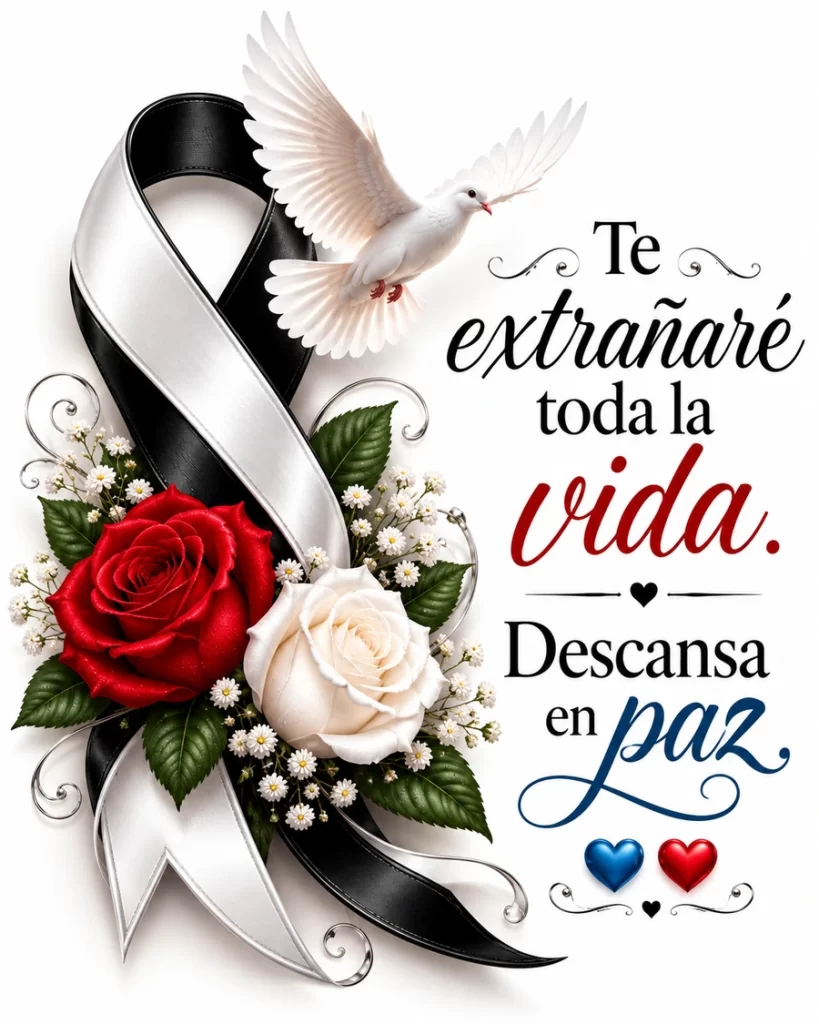 Cinta negra y blanca de duelo con rosas roja y blanca, paloma y dedicatoria Te extrañaré toda la vida.