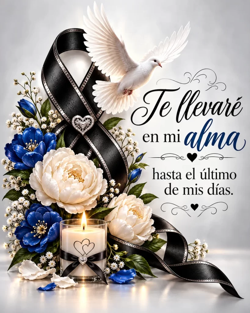 Flores blancas y azules junto a cinta negra, paloma, vela y frase Te llevaré en mi alma hasta el último de mis días.