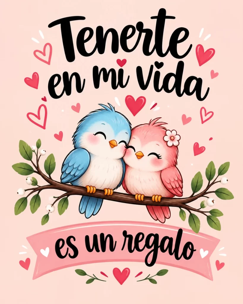 Imagen tierna con dos pajaritos abrazados sobre una rama, corazones y una dedicatoria que dice Tenerte en mi vida es un regalo.