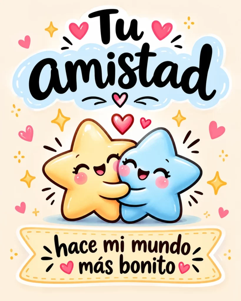 Imagen tierna para dedicar a una amistad con dos estrellas sonrientes abrazadas, corazones y la frase Tu amistad hace mi mundo más bonito.