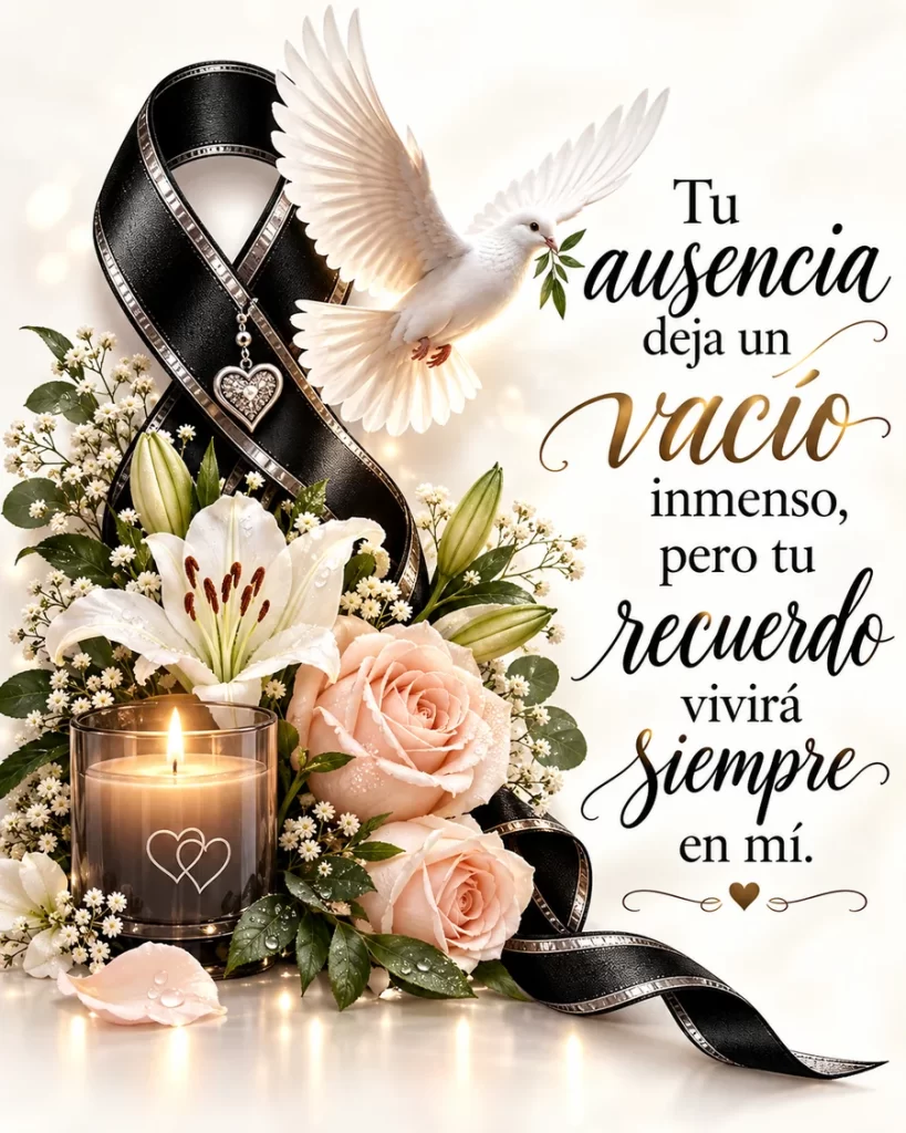 Paloma blanca sobre flores claras, vela encendida y frase Tu ausencia deja un vacío inmenso.