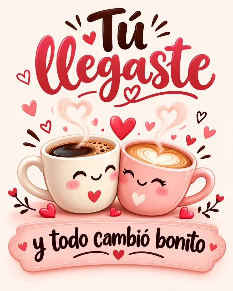 Imagen romántica con dos tazas de café sonrientes, corazones rosas y una frase para dedicar que dice Tú llegaste y todo cambió bonito.
