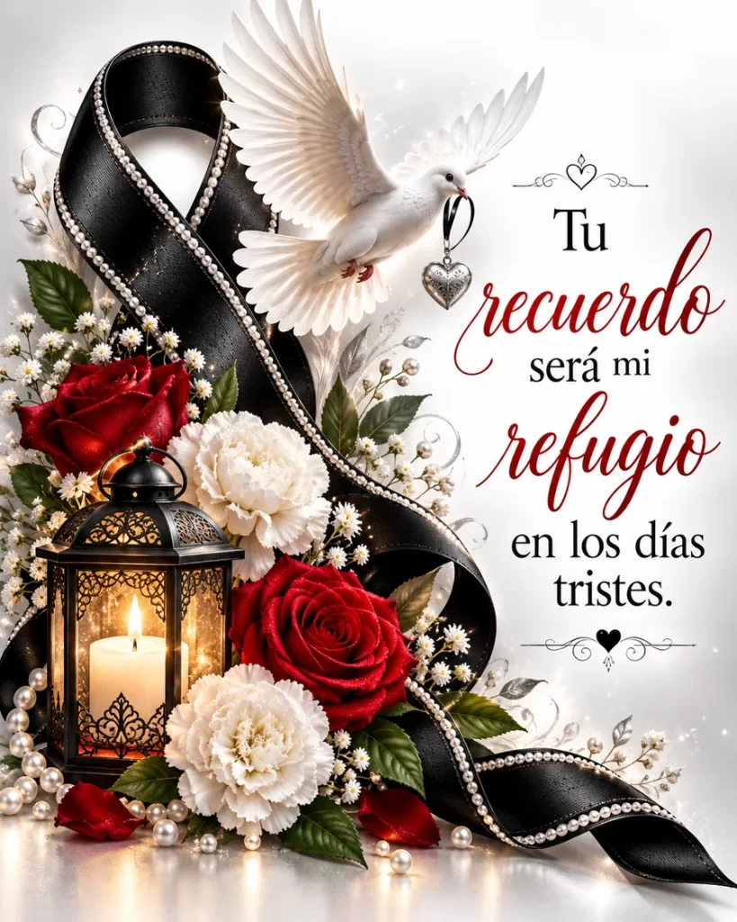 Lazo negro con perlas, rosas rojas, flores blancas y farol iluminado junto a la frase Tu recuerdo será mi refugio.