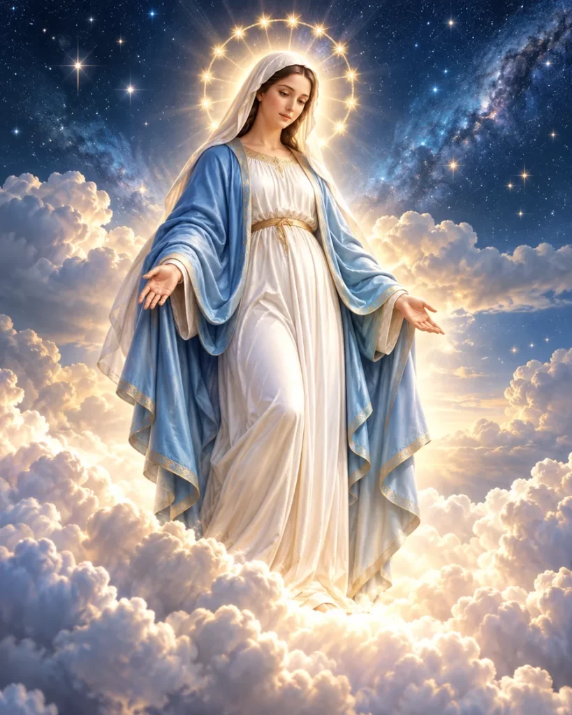 Representación celestial de María entre nubes y estrellas