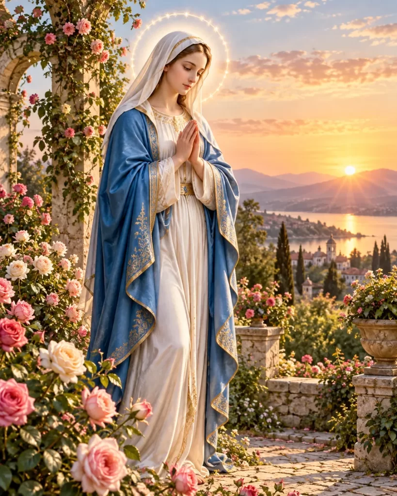 Virgen María en jardín de rosas durante un amanecer luminoso