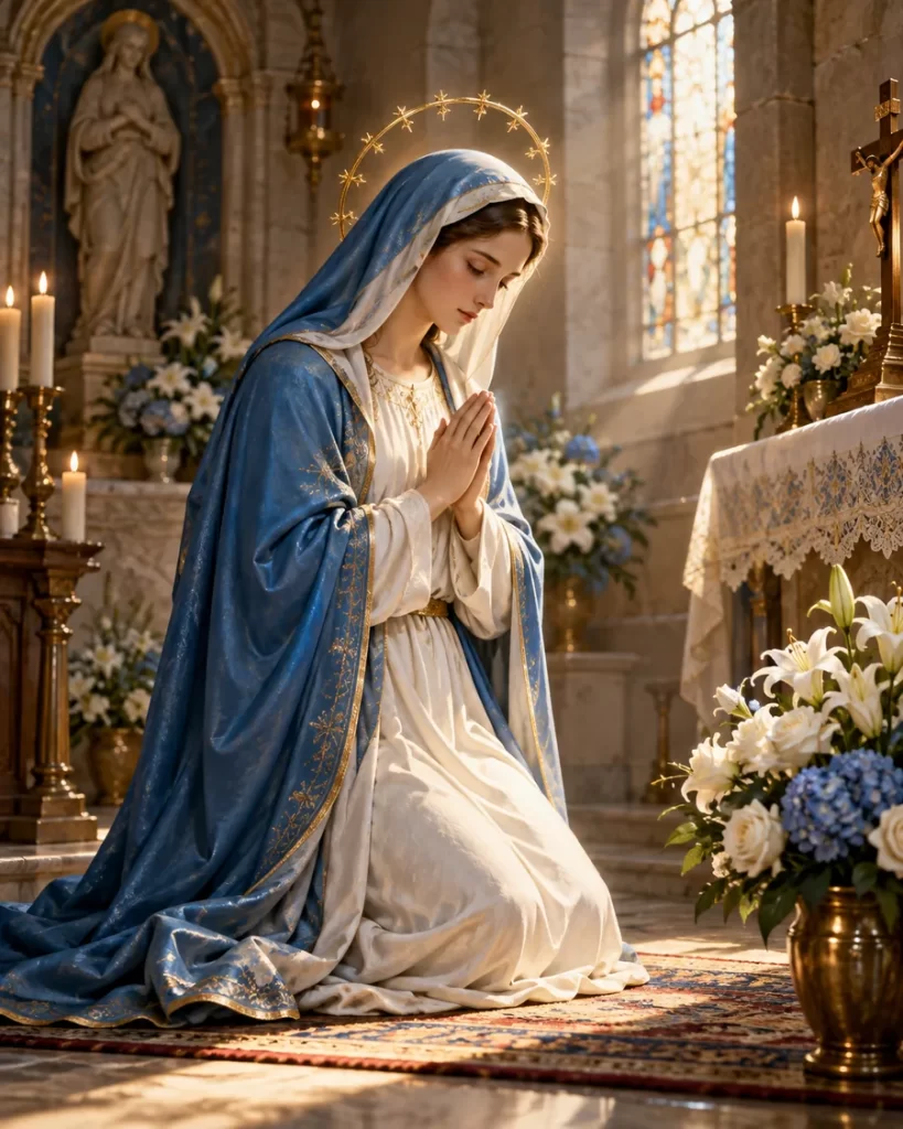 Virgen María en oración dentro de una capilla iluminada