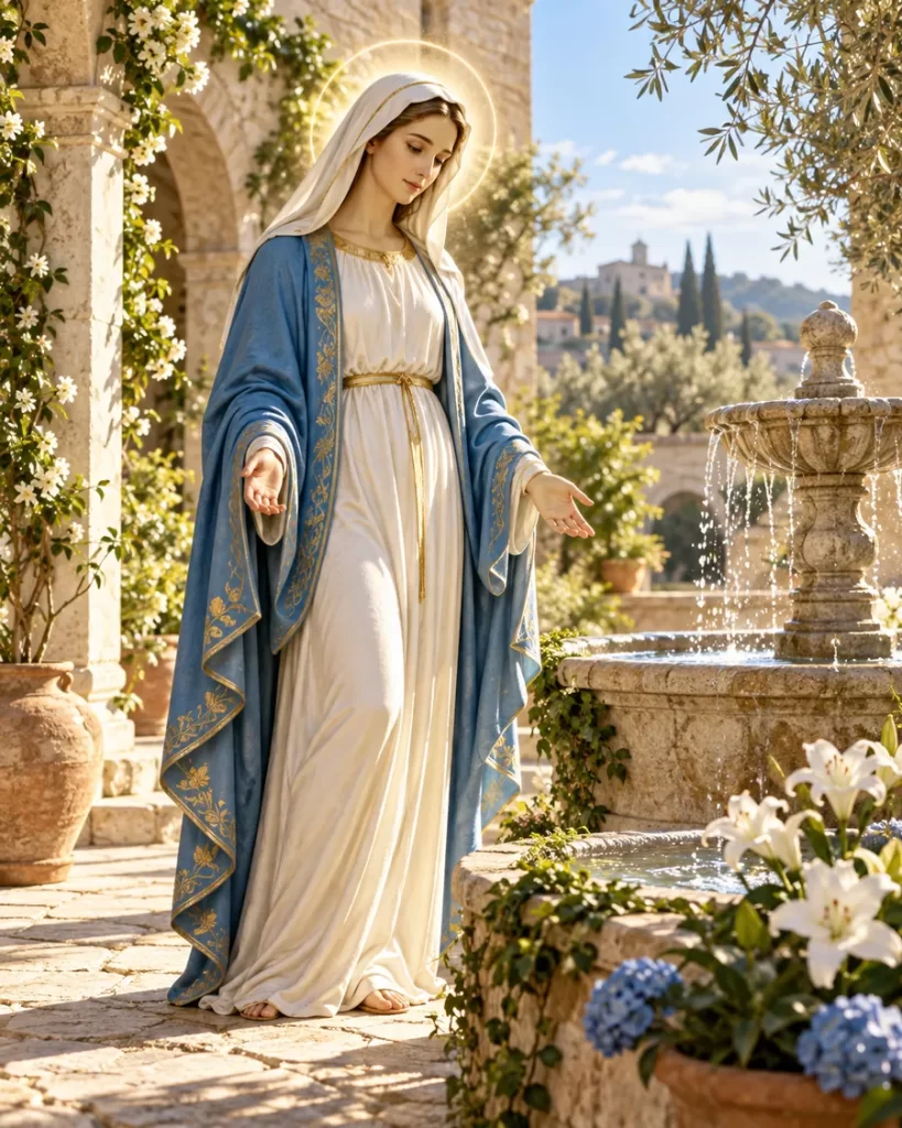 Santa María en un patio mediterráneo junto a una fuente