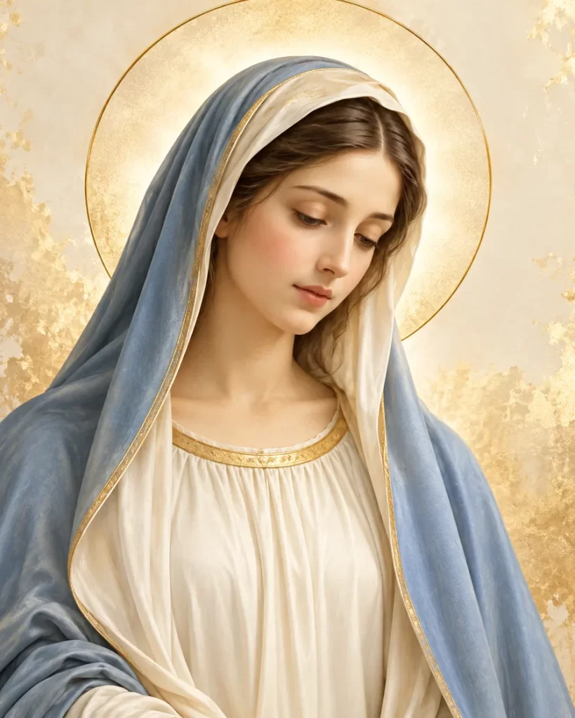 Virgen María en retrato sereno con halo dorado