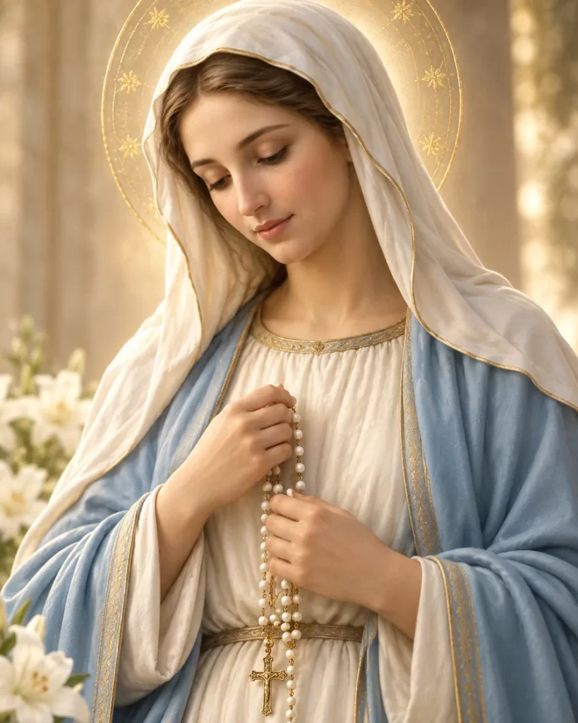Mujer representando a Santa María con rosario y lirios blancos