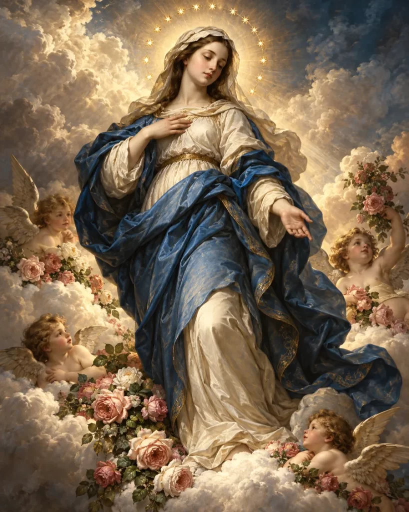 Imagen religiosa con María rodeada de rosas y ángeles